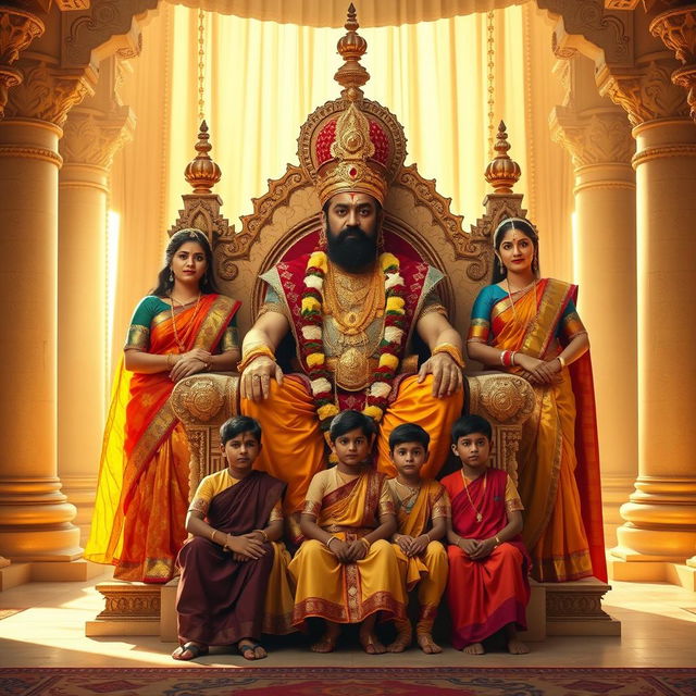 A powerful Hindu king seated on a magnificent throne, surrounded by an aura of authority and nobility