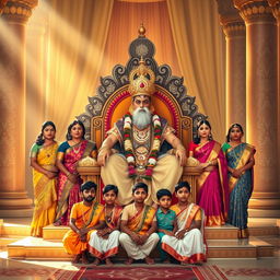 A powerful Hindu king seated on a magnificent throne, surrounded by an aura of authority and nobility