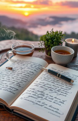 An open journal with elegant cursive writing, accompanied by a beautifully crafted pen resting on it, placed on a rustic wooden table