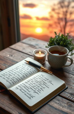 An open journal with elegant cursive writing, accompanied by a beautifully crafted pen resting on it, placed on a rustic wooden table