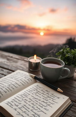 An open journal with elegant cursive writing, accompanied by a beautifully crafted pen resting on it, placed on a rustic wooden table