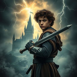 Mystical horror movie poster featuring a fantasy warrior, a 20-year-old boy with curly hair, wielding a sword