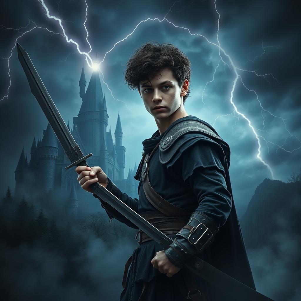 Mystical horror movie poster featuring a fantasy warrior, a 20-year-old boy with curly hair, wielding a sword