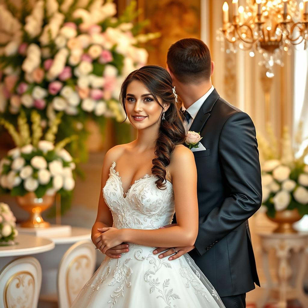 A beautiful brunette woman at her wedding, appearing to be 18 years old but with features suggesting she looks around 36