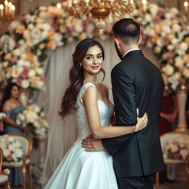 A beautiful brunette woman at her wedding, appearing to be 18 years old but with features suggesting she looks around 36