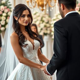 A beautiful brunette woman at her wedding, appearing to be 18 years old but with features suggesting she looks around 36