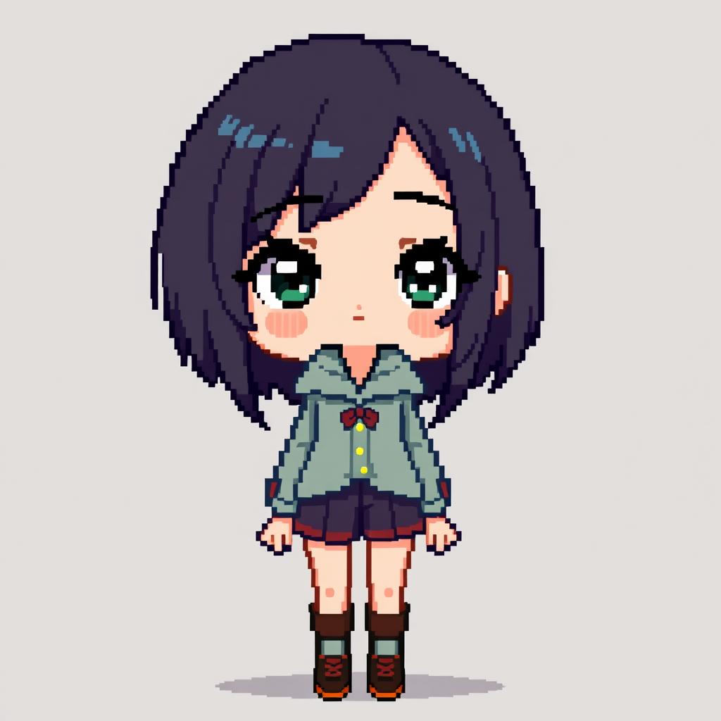 A full-height pixel art depiction of a girl, showcasing her from head to toe