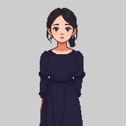 A full-height pixel art depiction of a girl wearing a dark dress