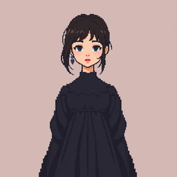 A full-height pixel art depiction of a girl wearing a dark dress