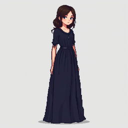 A full-height pixel art depiction of a girl wearing a dark dress