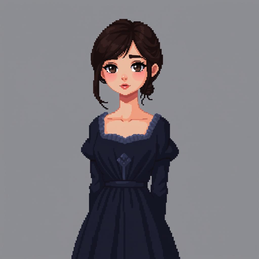 A full-height pixel art depiction of a girl wearing a dark dress