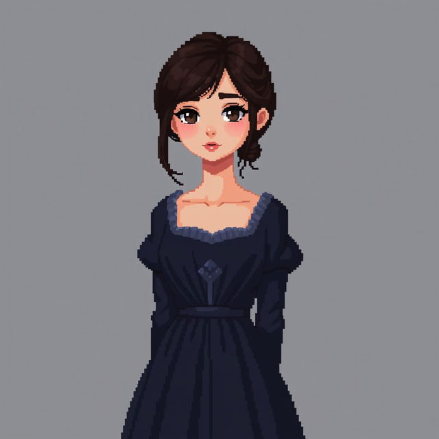 A full-height pixel art depiction of a girl wearing a dark dress