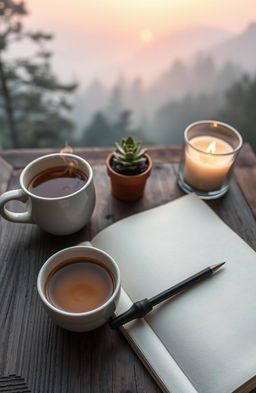 A serene and calming image of an open journal with a pen resting on its pages