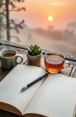 A serene and calming image of an open journal with a pen resting on its pages