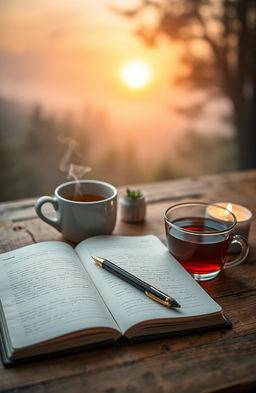 A serene and calming image of an open journal with a pen resting on its pages