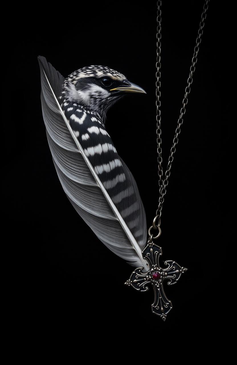 A dark, moody background featuring a male sparrow feather with intricate patterns, accompanied by a Gothic cross necklace with ornate details