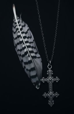 A dark, moody background featuring a male sparrow feather with intricate patterns, accompanied by a Gothic cross necklace with ornate details