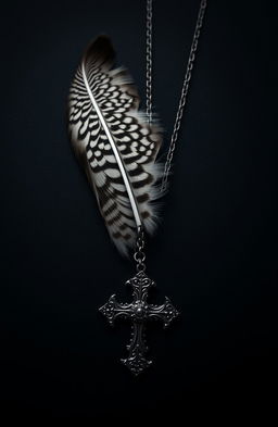 A dark, moody background featuring a male sparrow feather with intricate patterns, accompanied by a Gothic cross necklace with ornate details