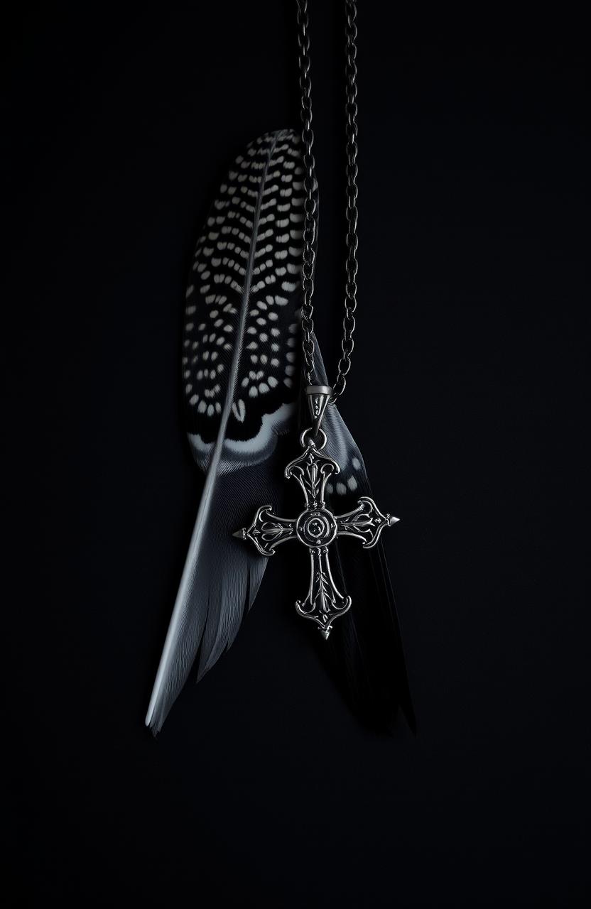 A dark, moody background featuring a male sparrow feather with intricate patterns, accompanied by a Gothic cross necklace with ornate details