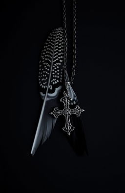 A dark, moody background featuring a male sparrow feather with intricate patterns, accompanied by a Gothic cross necklace with ornate details