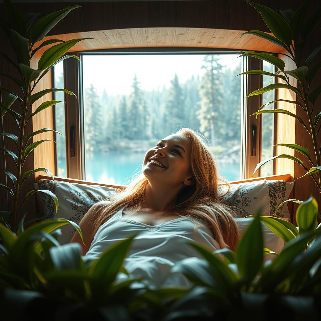 A photorealistic close-up portrait of a European woman in a bedroom setting