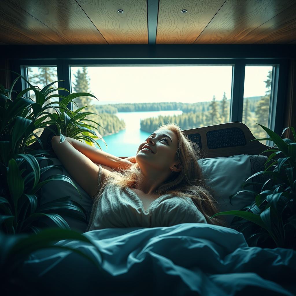 A photorealistic close-up portrait of a European woman in a bedroom setting