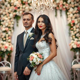 A beautiful Russian woman at her wedding, characterized by long dark hair and an appearance suggestive of being around 36 years old