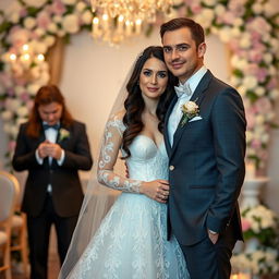 A beautiful Russian woman at her wedding, characterized by long dark hair and an appearance suggestive of being around 36 years old