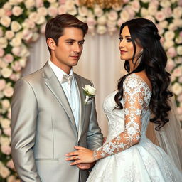 A beautiful Russian woman at her wedding, characterized by long dark hair and an appearance suggestive of being around 36 years old