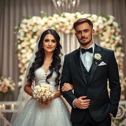 A beautiful Russian woman at her wedding, characterized by long dark hair and an appearance suggestive of being around 36 years old