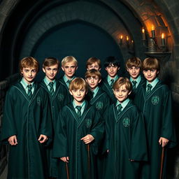 A group of confident Slytherin boys gathered together, wearing their green and silver Hogwarts robes and Slytherin ties