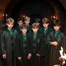 A group of confident Slytherin boys gathered together, wearing their green and silver Hogwarts robes and Slytherin ties