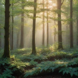 An intricately designed image of a mystic forest, bathing in the soft glow of the morning sun, with dew-kissed leaves sparkling in the light.