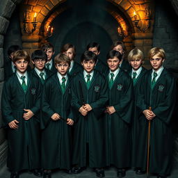 A group of confident Slytherin boys gathered together, wearing their green and silver Hogwarts robes and Slytherin ties