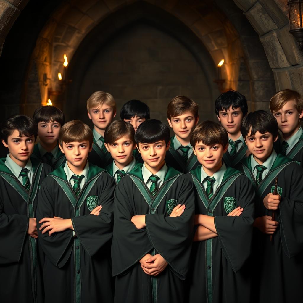 A group of confident Slytherin boys gathered together, wearing their green and silver Hogwarts robes and Slytherin ties