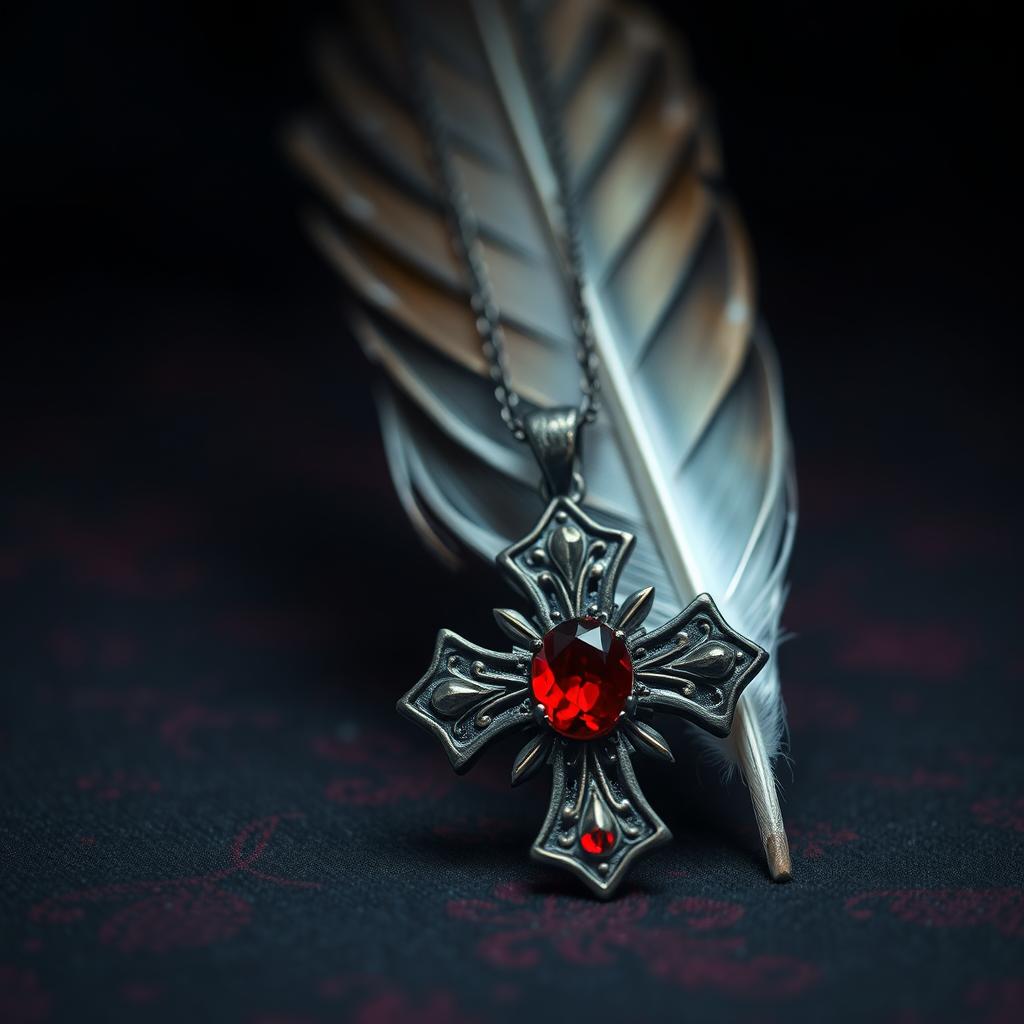 a dark, colorful background featuring a single male sparrow feather delicately placed next to a Gothic cross necklace, adorned with an intricate design and a vivid red gemstone set prominently at its center