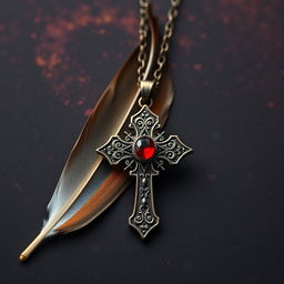 a dark, colorful background featuring a single male sparrow feather delicately placed next to a Gothic cross necklace, adorned with an intricate design and a vivid red gemstone set prominently at its center