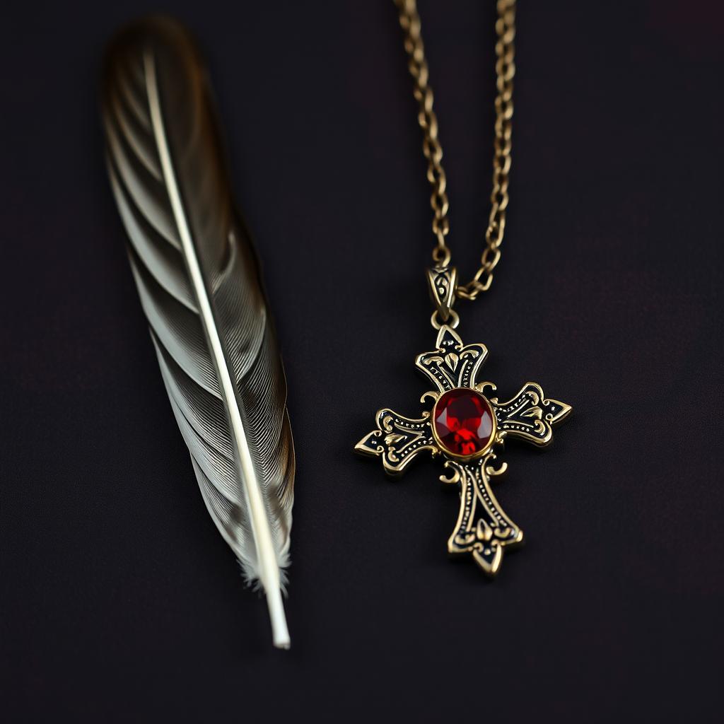 a dark, colorful background featuring a single male sparrow feather delicately placed next to a Gothic cross necklace, adorned with an intricate design and a vivid red gemstone set prominently at its center