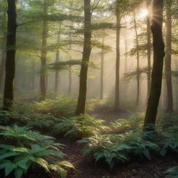 An intricately designed image of a mystic forest, bathing in the soft glow of the morning sun, with dew-kissed leaves sparkling in the light.