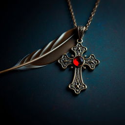 a dark, colorful background featuring a single male sparrow feather delicately placed next to a Gothic cross necklace, adorned with an intricate design and a vivid red gemstone set prominently at its center