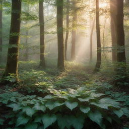 An intricately designed image of a mystic forest, bathing in the soft glow of the morning sun, with dew-kissed leaves sparkling in the light.