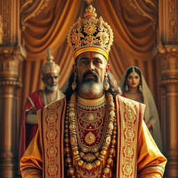 A majestic Hindu Maharaja standing tall with a commanding presence, wearing ornate traditional garments rich with gold embroidery and jewels, his crown gleaming under the warm sunlight