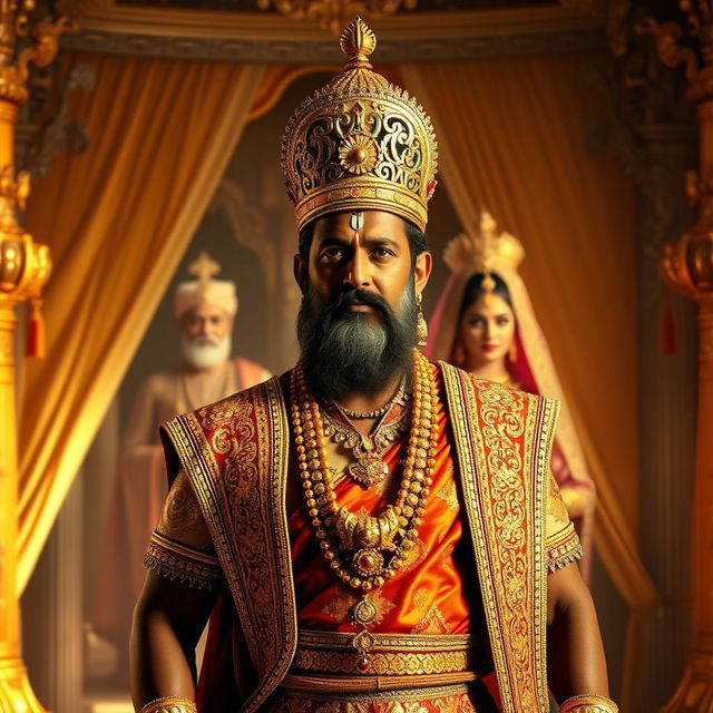 A majestic Hindu Maharaja standing tall with a commanding presence, wearing ornate traditional garments rich with gold embroidery and jewels, his crown gleaming under the warm sunlight