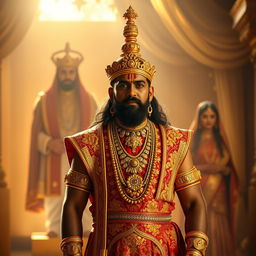 A majestic Hindu Maharaja standing tall with a commanding presence, wearing ornate traditional garments rich with gold embroidery and jewels, his crown gleaming under the warm sunlight