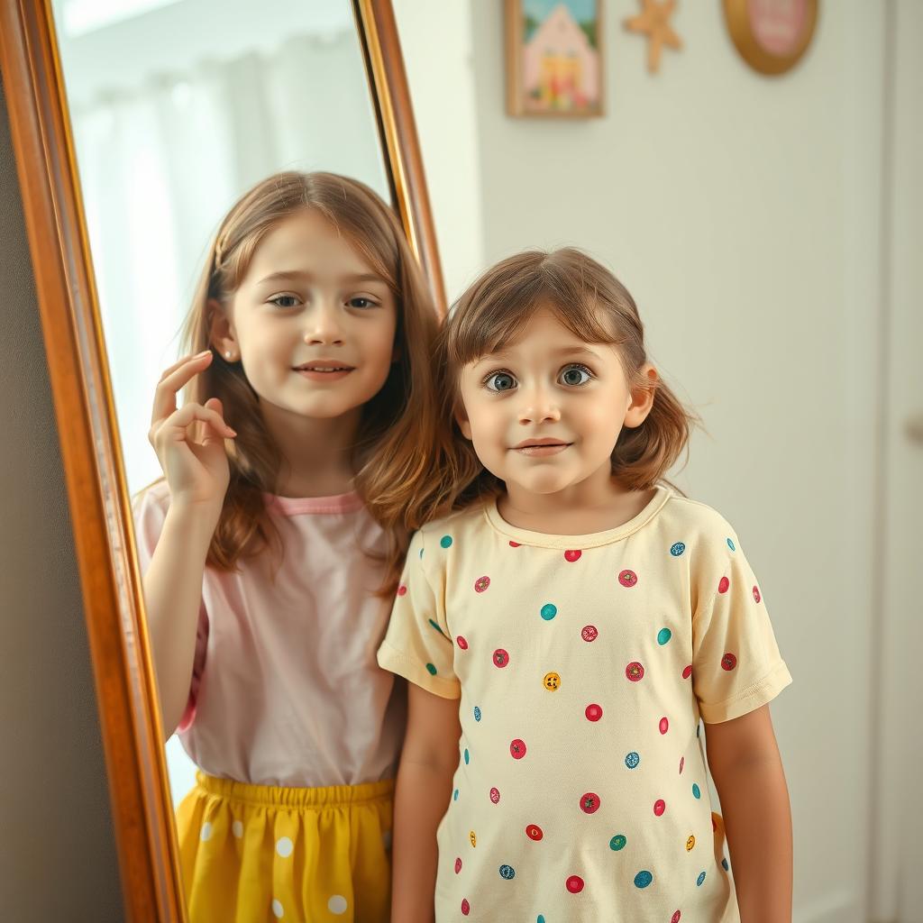 A scene depicting a young girl in disbelief, amazed by her own reflection as she suddenly appears much older, around 30 years old