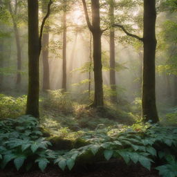 An intricately designed image of a mystic forest, bathing in the soft glow of the morning sun, with dew-kissed leaves sparkling in the light.