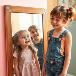 A scene depicting a young girl in disbelief, amazed by her own reflection as she suddenly appears much older, around 30 years old