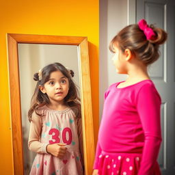 A scene depicting a young girl in disbelief, amazed by her own reflection as she suddenly appears much older, around 30 years old