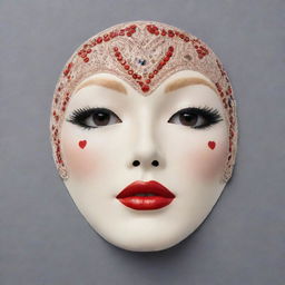 A Korean sheet mask adorned with 1920s Art Deco style makeup, reminiscent of Marlene Dietrich and Gatsby era. The mask features exaggerated thin eyebrows, porcelain-white skin tone, vibrant red lips, pronounced round or heart-shaped blush patches and a faux mole.