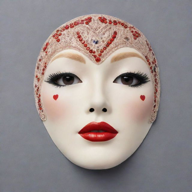 A Korean sheet mask adorned with 1920s Art Deco style makeup, reminiscent of Marlene Dietrich and Gatsby era. The mask features exaggerated thin eyebrows, porcelain-white skin tone, vibrant red lips, pronounced round or heart-shaped blush patches and a faux mole.